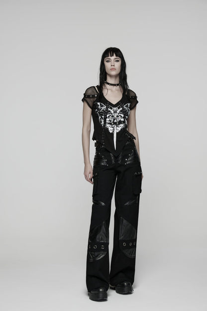 Black Lace Lace-Up Buckled Women's Big Pocket Punk Pants