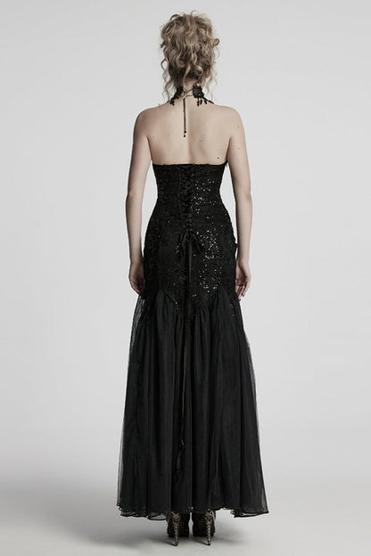 Black Off Shoulder Embroidery Lace Slim Women's Gothic Gown Fishtail Dress