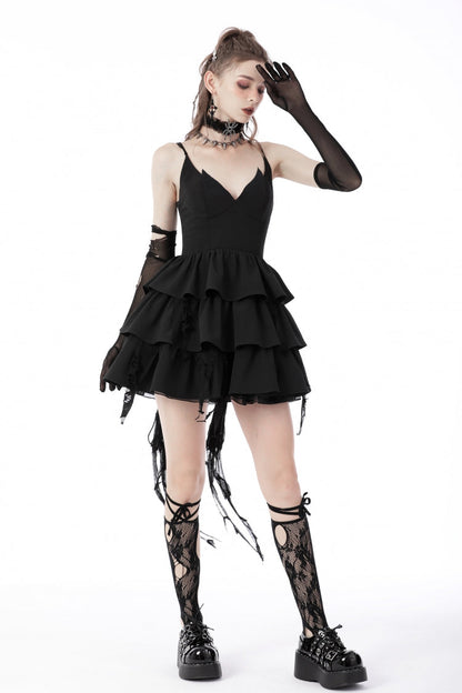 Black Little Devil Sleeveless Multi-Layered Lace-Up Women's Punk Slip Graduation Dress
