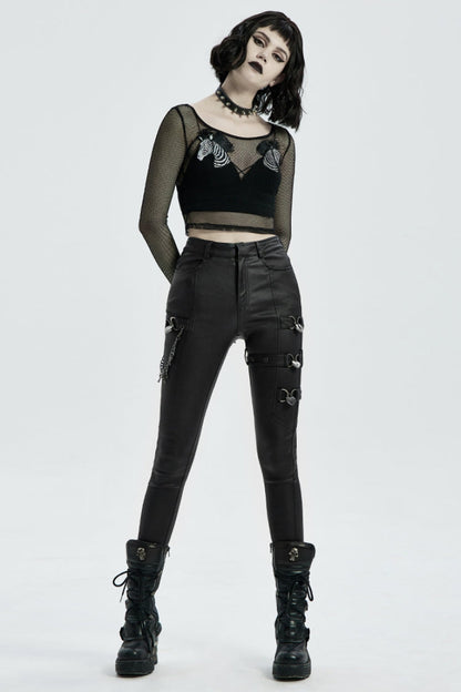 Black Faux Leather Metal Love Lock Buckles Women's Steampunk Pants