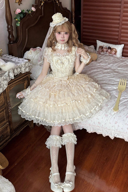 Apricot [Ballad of Feathers] Sleeveless Multi-Layered Ruffle Hanayome Bowknot Sweet Lolita Jsk Dress
