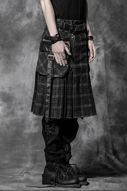 Black Plaid Print Ruffle Men's Steampunk Skirt