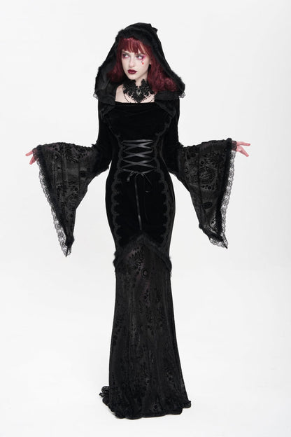 Black Long Trumpet Sleeves Embroidery Stitching Lace Hooded Mesh Women's Gothic Dress