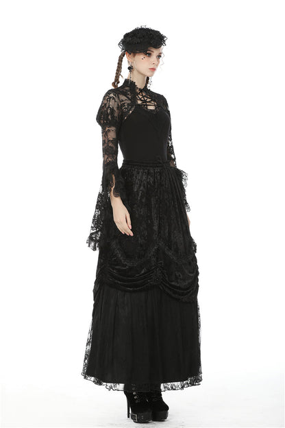 Black Long Puff Sleeves Sheer Floral Lace Lace-Up Women's Gothic Cape