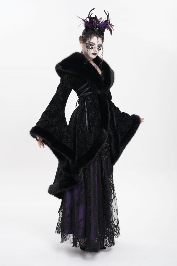 Black Long Sleeves Floral Embroidery Women's Gothic Fluffy Coat