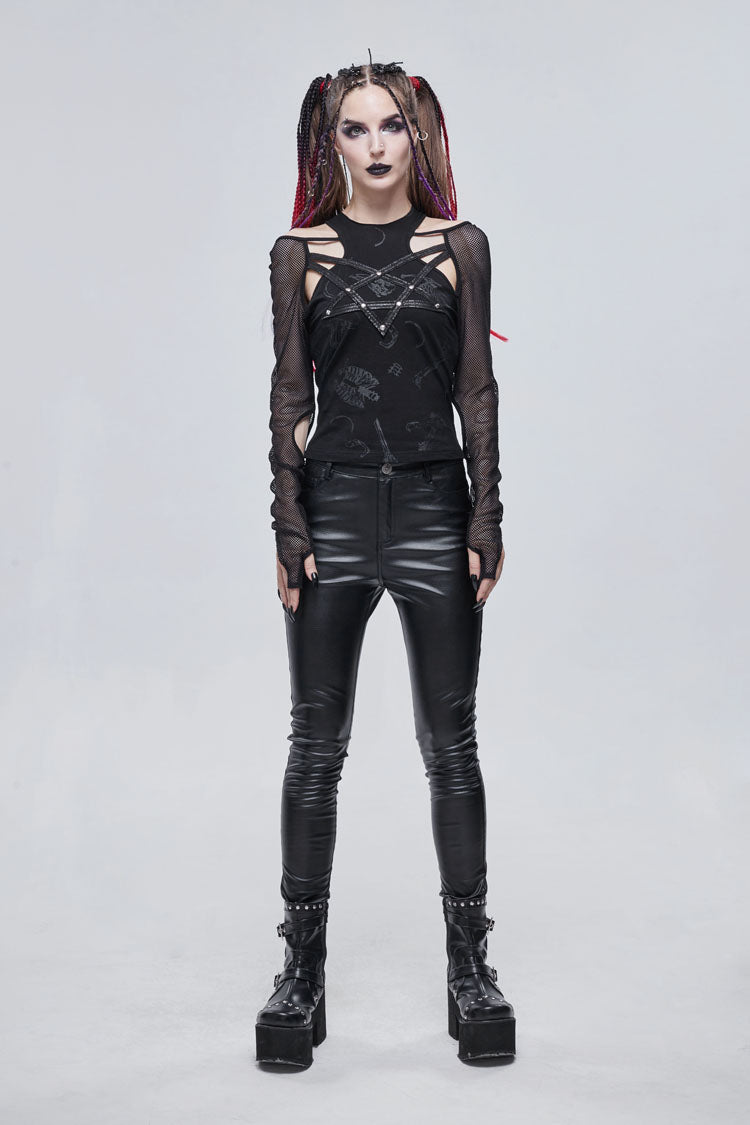 Black Pentagram Leather Striped Long Sleeve Women's Gothic T-Shirt