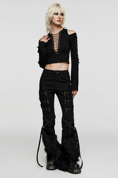 Black Eyelet Stitching Metal Mesh Women's Steampunk Fluffy Pants