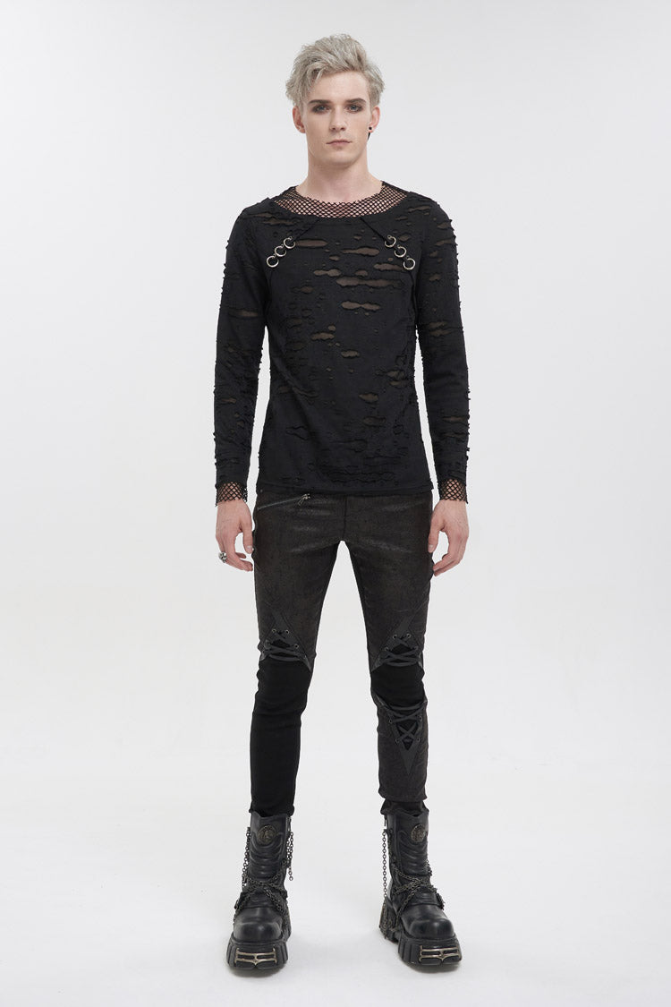 Black Diamond Mesh Irregular Hole Long-Sleeved Men's Punk T-Shirt
