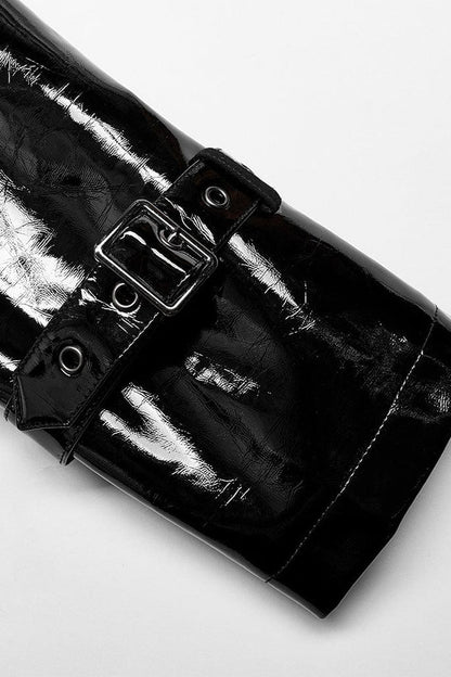 Black Dual Stand Collar Metal Buckle Patent Leather Stitching Mens Steampunk Coat