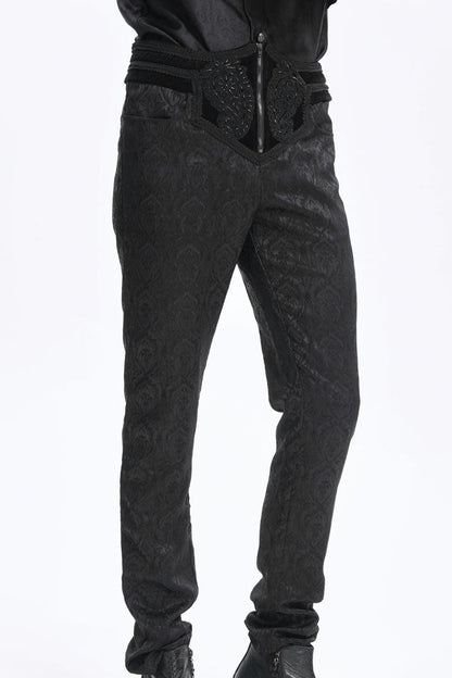 Black Floral Print Embroidery Branded Zip Men's Gothic Pants