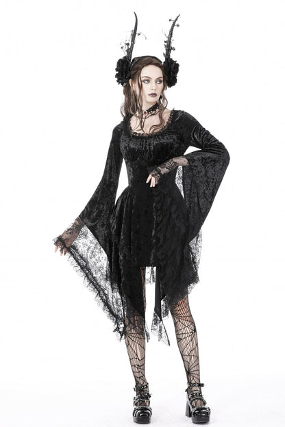 Black Irregular Long Trumpet Sleeves Lace Spliced Women's Gothic Velvet Graduation Dress