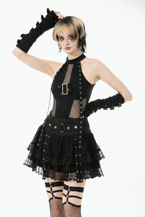 Black Off Shoulder Halterneck Sleeveless Mesh Eyelet Strap Women's Punk Top