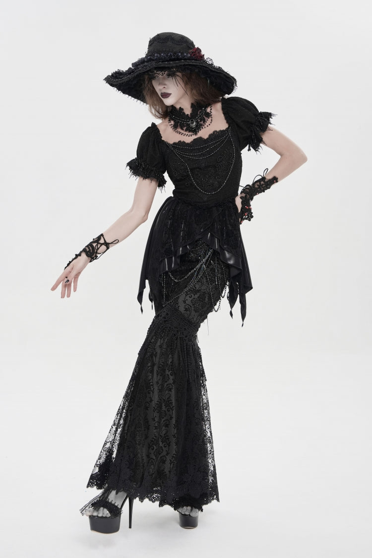 Black Double-Layered Embroidered Lace Slim Pearl-Decorated Women's Gothic Skirt