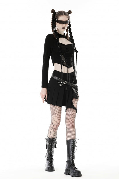 Black Long Sleeves Cut-Out Spliced Mesh Zippered Strappy Eyelet Women's Punk Crop Top