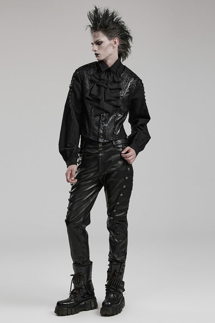 Black Metal Buckles Faux Leather Men's Steampunk Pants