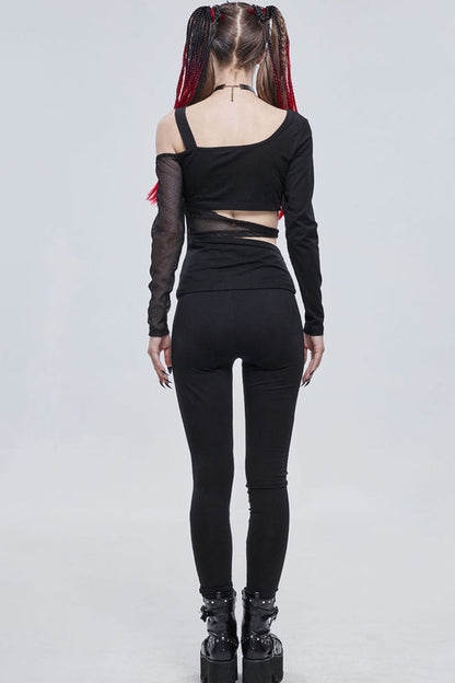 Black Gothic Ripped Spider Web Print Asymmetric Belt Buckle Decoration Women's Leggings