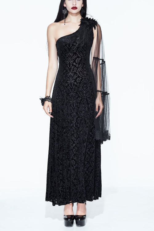 Black One Shoulder Mesh Shawl Feather Lace Decoration Velvet Long Women's Gothic Dress