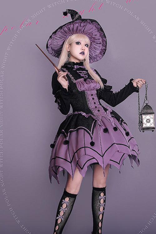 Black / Purple Round Collar Ruffled Long Sleeves Waist Irregular Hem Imp Sweet Lolita OP Dress Full Set