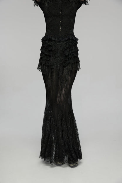 Black Embroidered Spliced Ruffled Lace Slim Mesh Women's Gothic  Mermaid Skirt