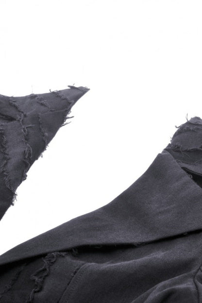 Black Peak Lapel Collar Long Sleeves Irregular Distressed Women's Gothic Punk Coat with Belt