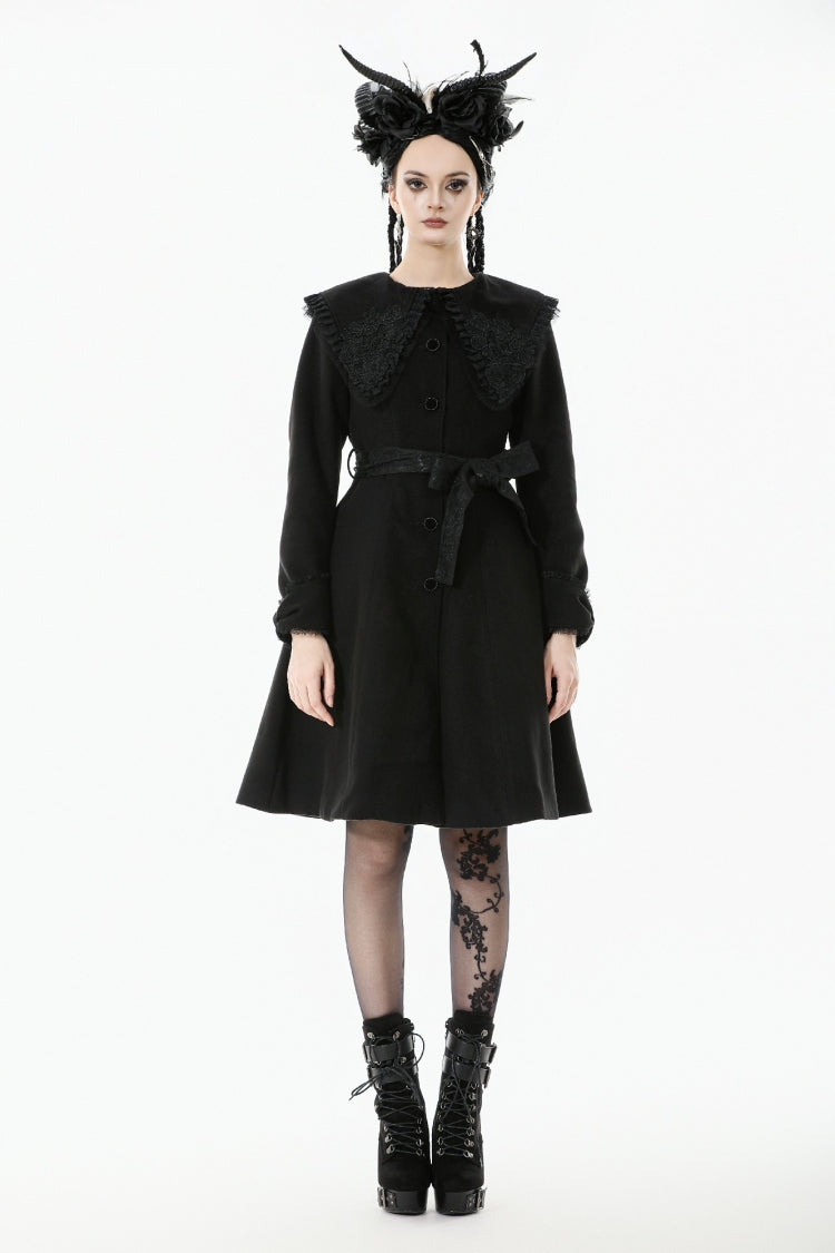Black Floral Embroidered Peter Pan Collar Long Sleeves Bowknot Women's Gothic Coat