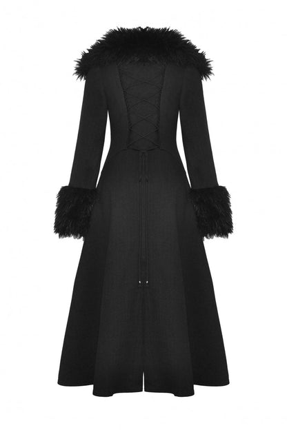 Black Long Sleeves Lace-Up Buckled Women's Gothic Draped Coat with Faux Fur Collar