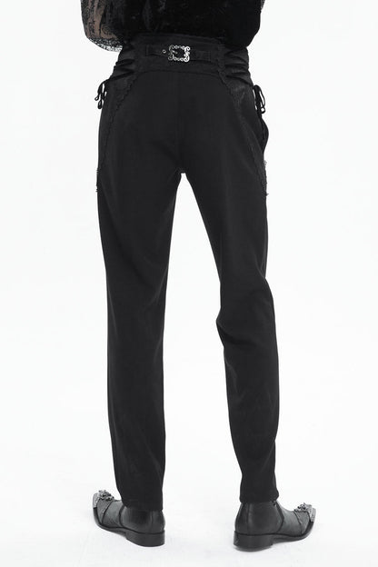 Black Lace Trim Embellished High Waisted Men's Gothic Pants