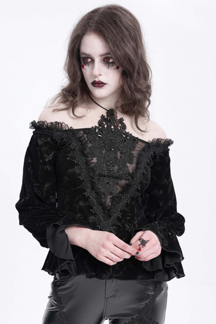 Black Off Shoulder Hollow Embroidery Women's Gothic Blouse