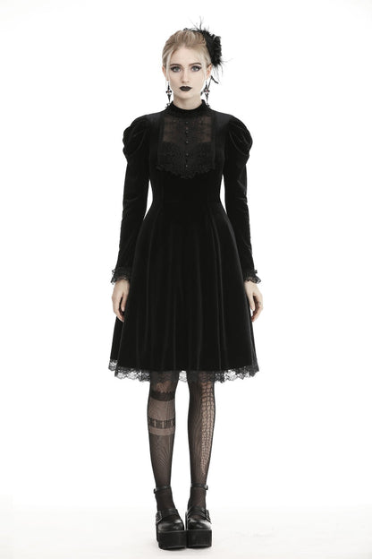 Black Lace Long Puff Sleeves Women's Gothic Velet Dress