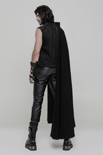 Black Long Sleeve Front Metal Button Slit Irregular Hem Weave Woven Men's Gothic Cloak