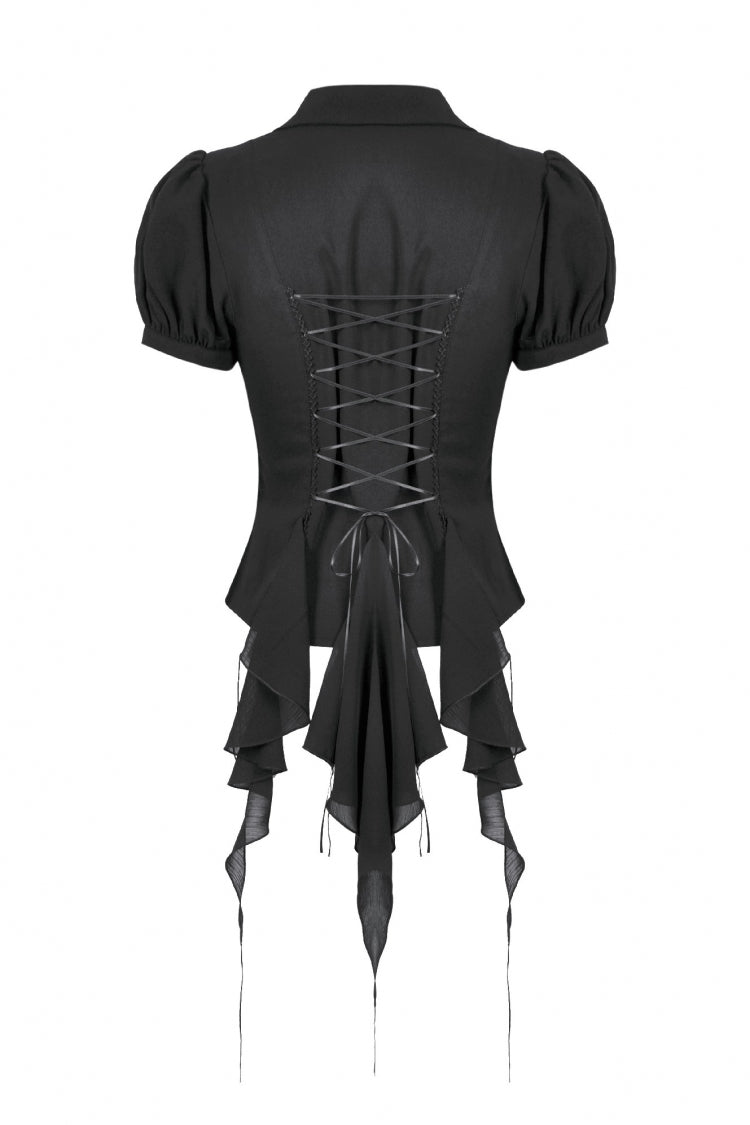 Black Multi-Layered Deep V Collar Pleated Short Puff Sleeves Lace-Up Gothic Blouse