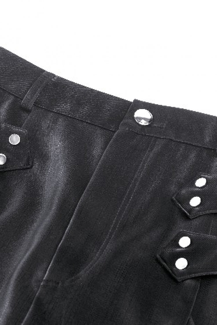 Black Leather Women's Punk Buckled Side Slit Irregular Hem Skirt