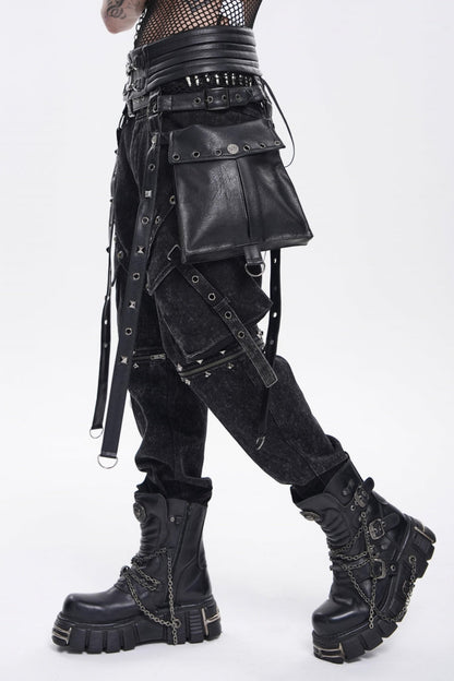Black Lace-Up Studded Buckled Zippered Eyelet Men's Punk Cool Accessory with Pouches