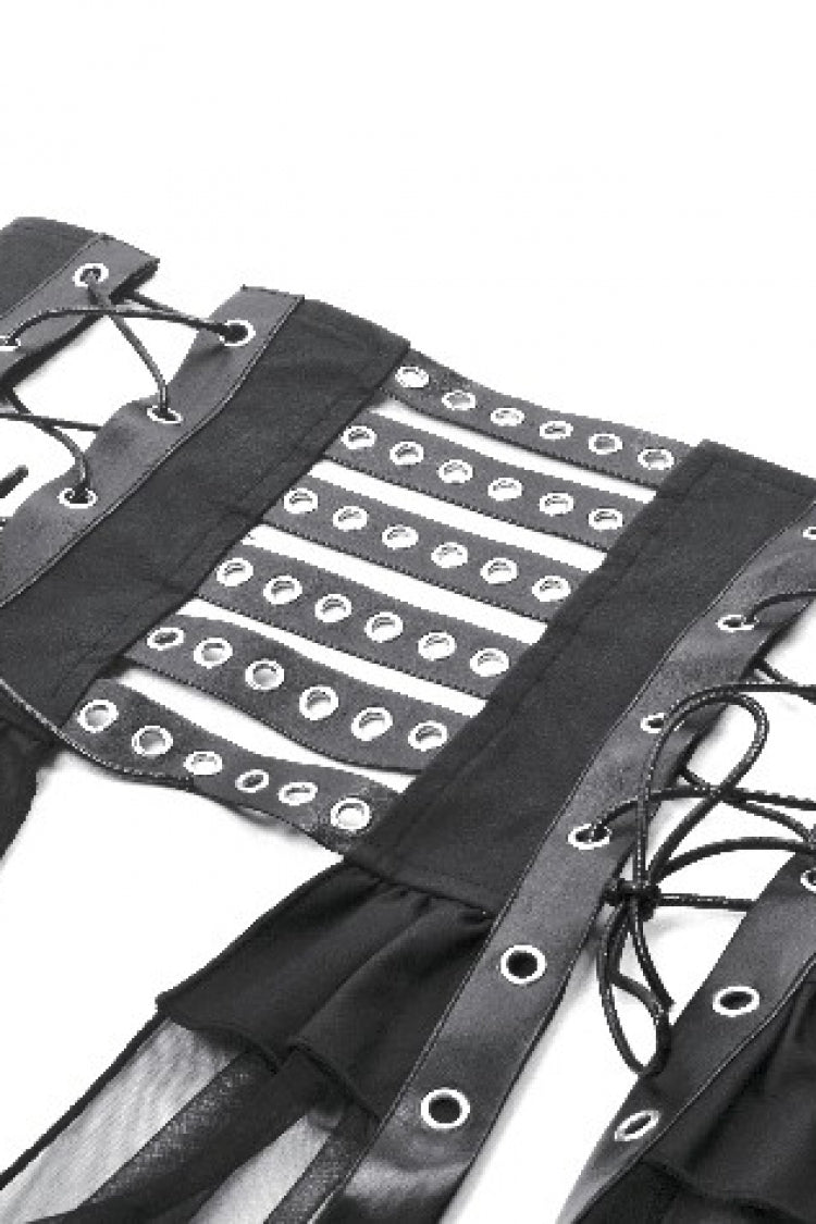 Black High Waisted Lace-Up High/low Mesh Women's Punk Skirt