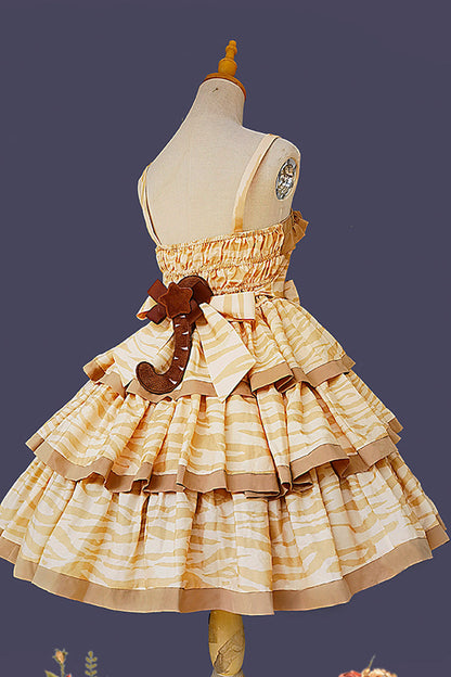 Apricot [Cloth Cat] Triple-Layered Print Ruffle Bowknot Sweet Lolita Dress
