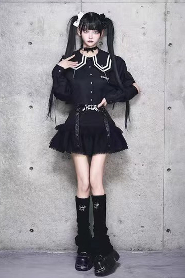 Black High Waisted Ruffle Embroidery Gothic Jirai Kei Japanese Skirt