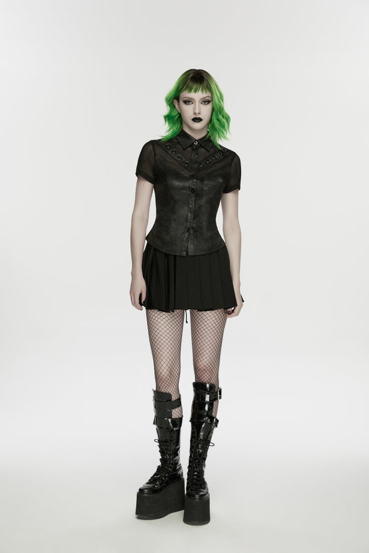 Black Lapel Collar Short Sleeves Lace-Up Mesh Eyelet Women's Punk Blouse