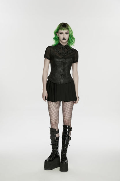 Black Lapel Collar Short Sleeves Lace-Up Mesh Eyelet Women's Punk Blouse