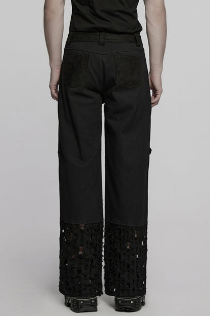 Black Eyelet Ripped Men's Punk Straight Pants