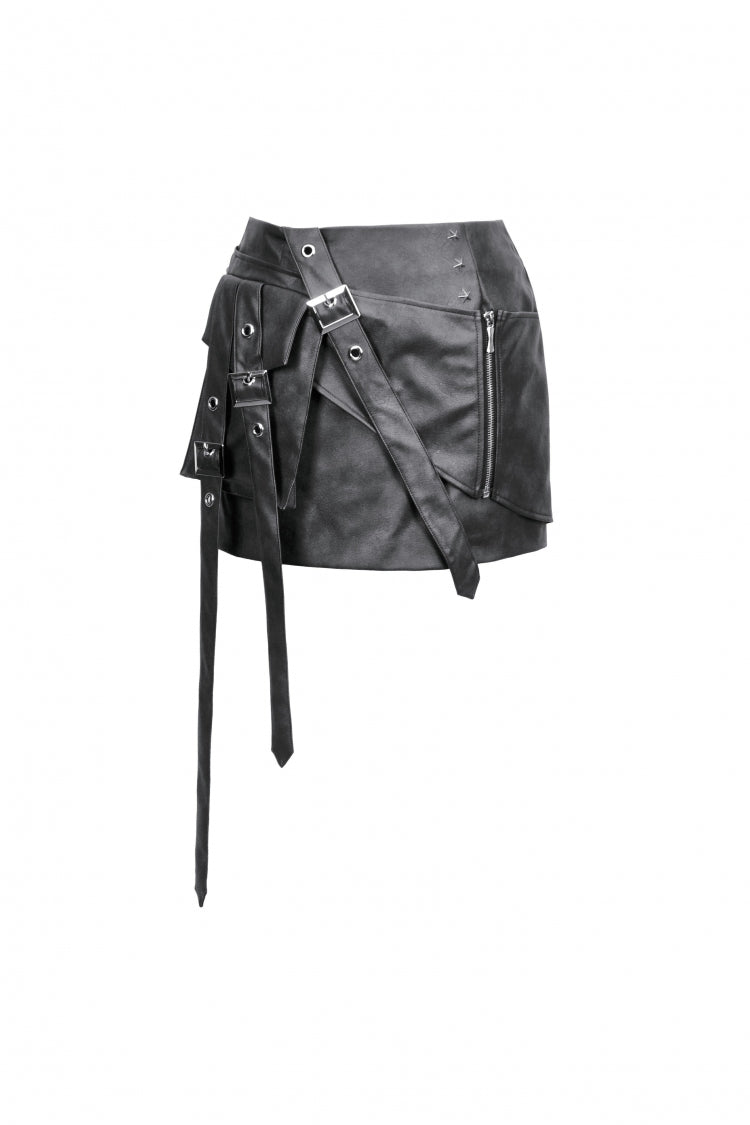 Black Faux Leather Straps Zippered Women's Punk Short Skirt