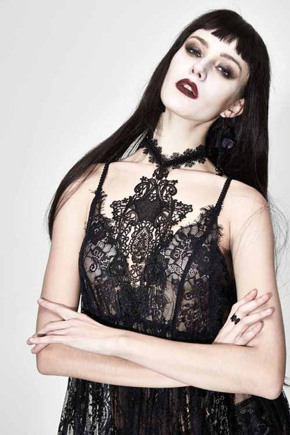 Black Mysterious Night Transparent Lace High Waist Sexy Halter Long Gothic Womens Dress