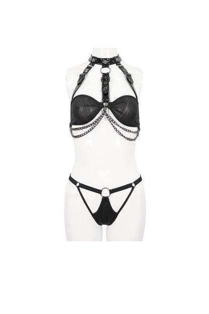 Black Detachable Hanging Neck Vertical Grain Texture Women's Punk Fun Suit