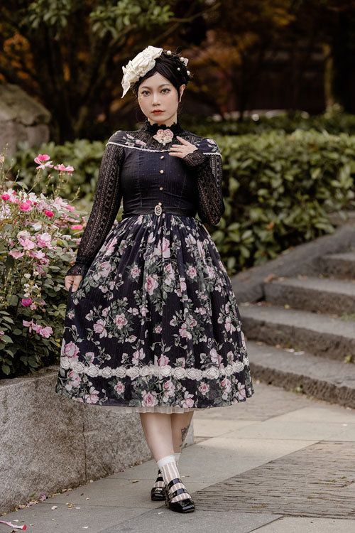 Black Elegant Vintage French Rose Floral Print V Collar Sleeveless Ruffled Classic Lolita JSK Dress