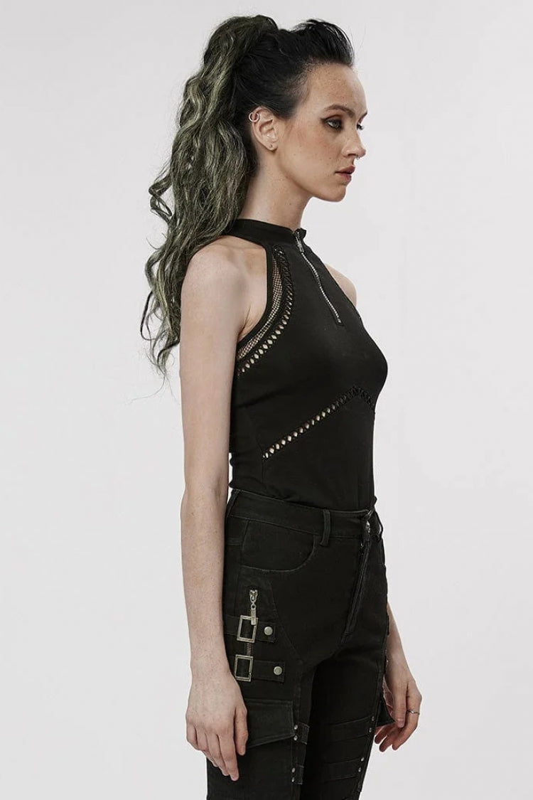 Black Off Shoulder Hollow Stitching Slim Mesh Womens Steampunk Vest