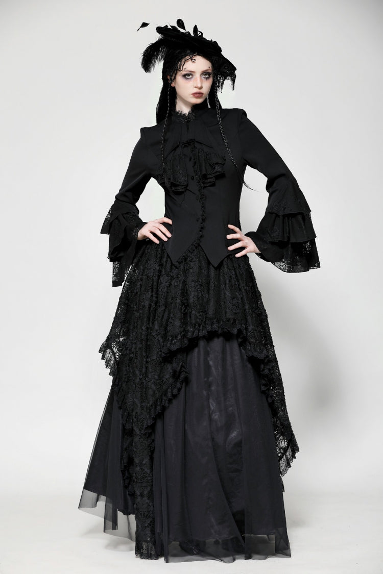 Black Lace Stand Collar Multi-Layered Ruffled Long Flared Sleeves Women's Gothic Blouse