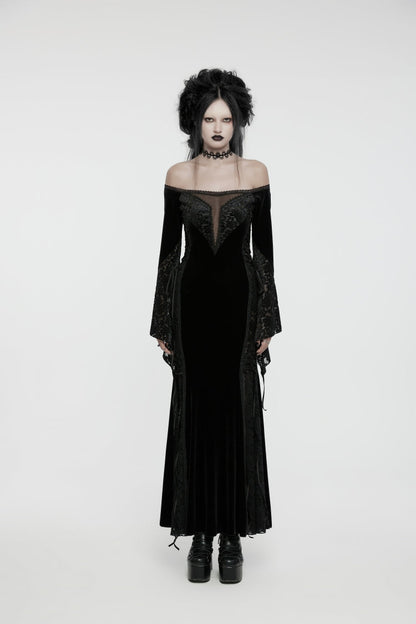 Black Off Shoulder Long Trumpet Sleeves Embroidered Spliced Lace Lace-Up Women's Gothic Gorgeous Palace Strapless Velvet Dress