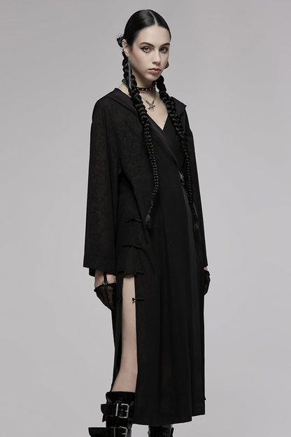 Black Dark Pattern Print Hooded Women's Gothic Coat