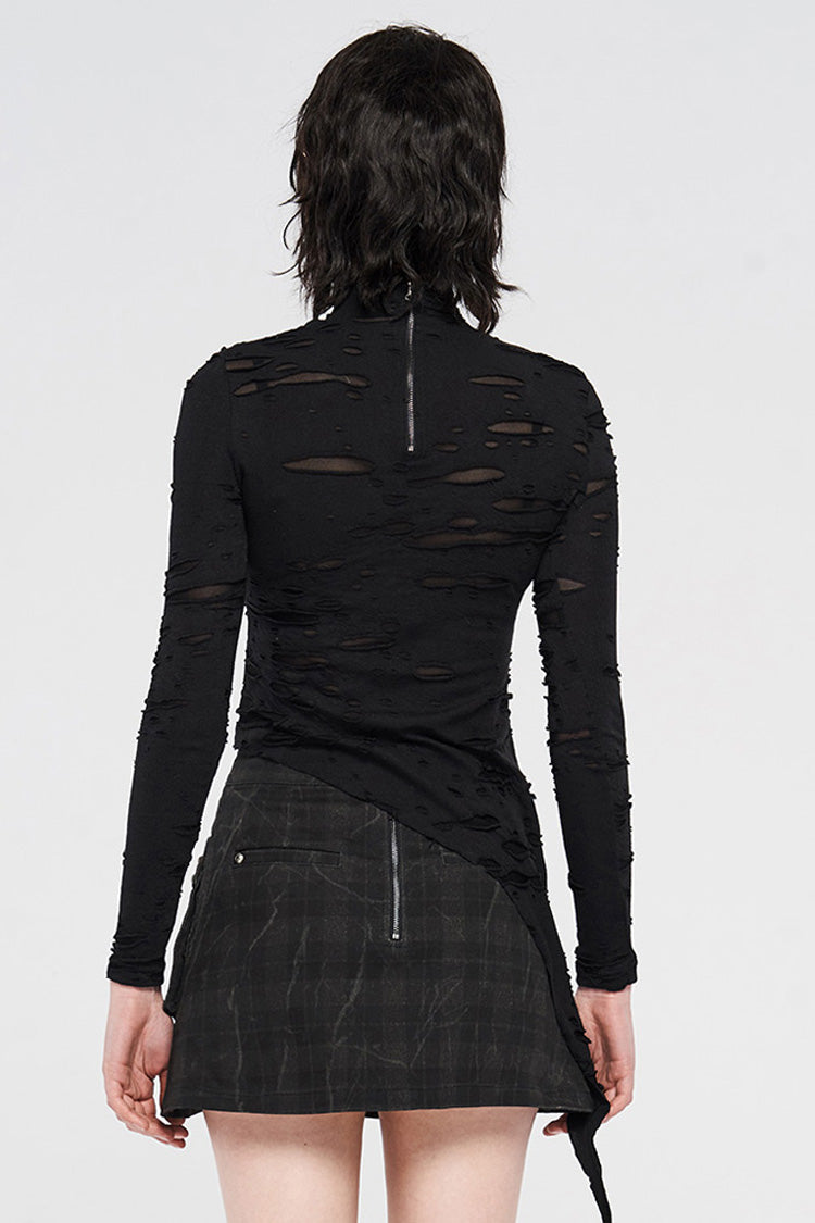Black Long Sleeve High Collar Front Chest Hollow Out Strap Irregular Hem Broken Holes Splice Mesh Women's Punk T-Shirt