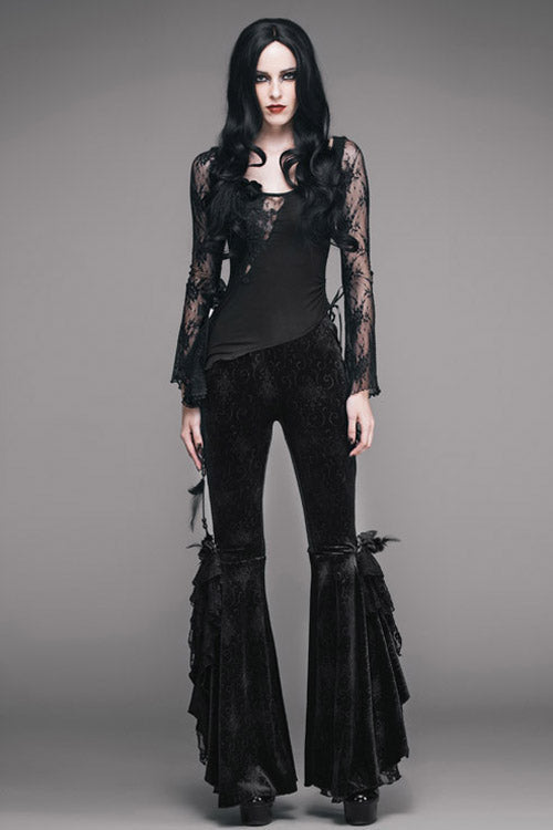 Black Gothic Lace Hem Embossed Velvet Flare Womens Pants