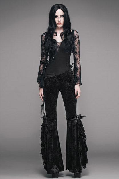 Black Gothic Lace Hem Embossed Velvet Flare Womens Pants